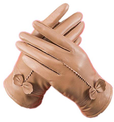 Fletion Damen Luxus Eeichem Lammfell Lederhandschuhe Mit Fleece-Futter, Einheitsgröße, Kamel