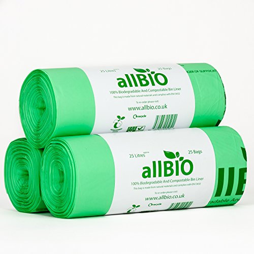 75 bolsas de basura de 25 litros, de allBIO, 100% biodegradables y compostable, para cubos de basura