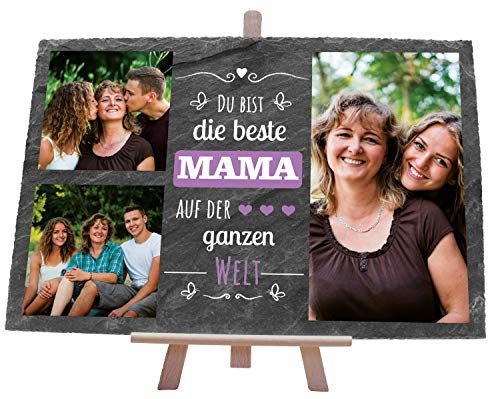 wandmotiv24 Schiefertafel Beste Mama, Personalisiert mit Ihren Farbfotos, Schieferschild 3 Motive inkl. Spruch, Holz-Staffelei, Querformat 30x20cm, Natur Schieferplatte, Foto-Geschenk, Dekoration
