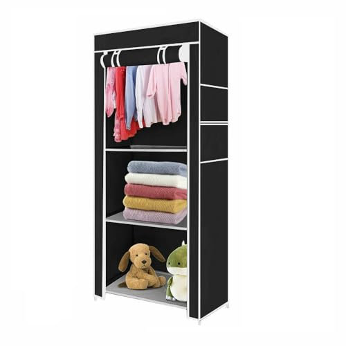 Youyijia 149x70x45cm Portable Wardrobe Single Canvas Wardrobe Clothes Storage Organizer with Hanging Rail Foldable Closet for Clothes, Toys, Shoes, Bags, Living Room, Bedroom, Cloakroom (Black)