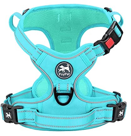 PoyPet Harnais réfléchissant pour chiens sans étranglement, réglable, rembourré doux avec poignée de contrôle facile pour chiens de petite et grande taille (bleu menthe, taille L)