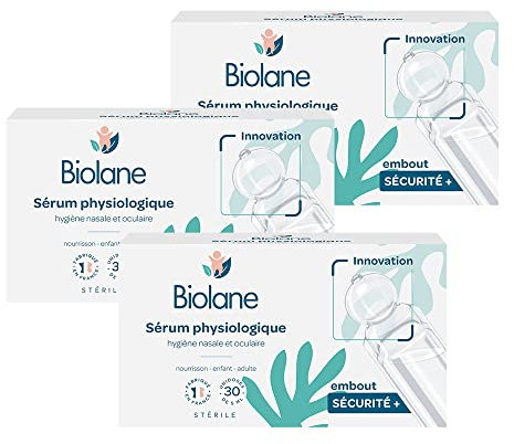 BIOLANE - Lot de 3 Sérum Physiologique - Bébé - Nettoie le nez et les yeux - Dès la naissance - Embout rond sécurité - 90 Unidoses - Fabriqué en France