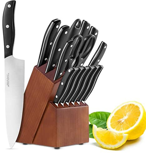 15-Tlg Messerblock, Aoresac Messerset mit Holzgriff Küche Cutter-Set Schärfstab Schneidwerkzeugsatz mit Holzblock Kochmesser-Set aus geschmiedetem Edelstahl ABS-Griff Vollerl