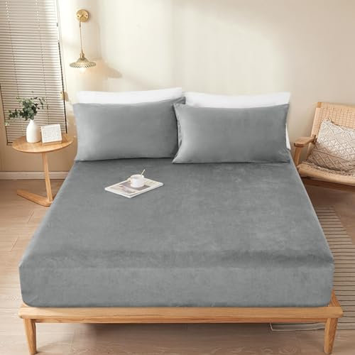 Sedefen Warme Spannbettlaken 160x200cm Grau Hellgrau Winter Flannell Bettlaken Plüsch Flauschige Cashmere Touch Boxspringbett Spannbetttuch für 25 bis 30cm Matraze