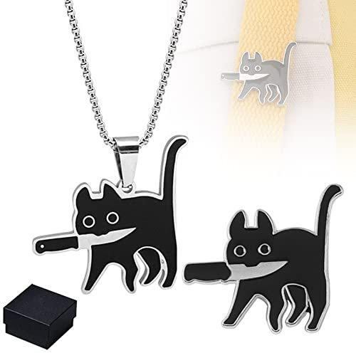 JISAAN Collier de Couteau Noir, Pendentif et Broche de Chat Tueur Noir, Collier Pendentif Animal Mignon pour Femmes Bijoux Cadeaux pour Les Amoureux des Animaux (1 Jeu)