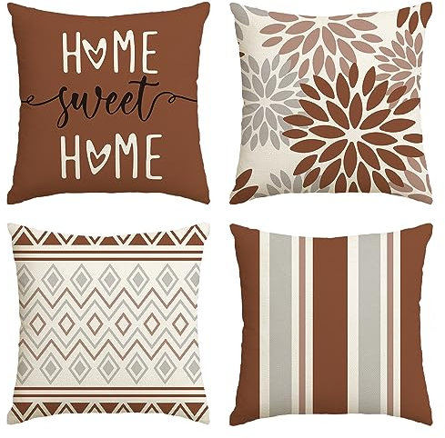 Artoid Mode Braun Dahlien Geometrisch Frühling Kissenbezüge 4er Set, 45x45 cm Zierkissenbezug Cushion Cover Couch Wohnzimmer Außenbereich Deko