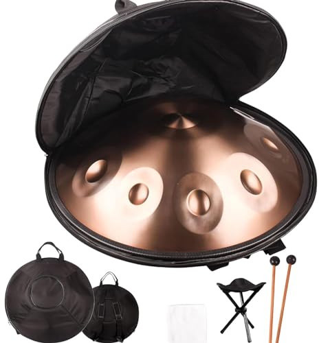 Handpan Drum, 440HZ D Moll 9 Noten Stahlzungentrommel, 22 Zoll Stahl Handtrommel mit weicher Tasche, Handgefertigtes Rattan, 2 Handpan Schlägel, Anfänger Meditationsinstrument Geschenk