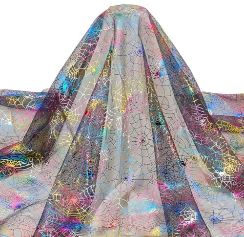 FINGERINSPIRE 1.8 m Halloween Spinnennetzstoff 1.68 m Breit Glitzernde Bunte Spinnweben Schwarzer Tüllstoff Halloween Thema Gruseliger Spinnen Polsterstoff Für Heim Heimwerker Und Patchwork Projekte.