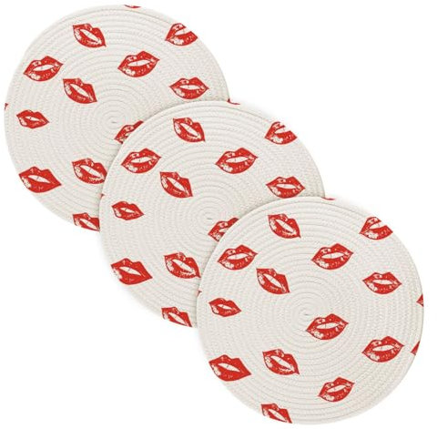 3 Pcs Extra Large Trivet for Hot Dishes 15in Cotton Thread Weave Heat Resistant Table Mats for Crock Pot Hot Water Pad Romantic Red Lips Kissing Digital Art
