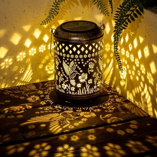 GIGALUMI Solar Lanterns Outdoor, Hummingbird Hanging Solar Garden Lights, Waterproof Metal Garden Ornament Decoration for Yard, Patio, Porch, Backyard, Lawn