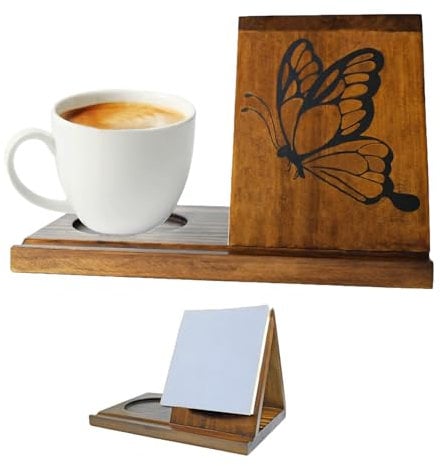 Onperpoe Wooden Triangle Book Stand Butterfly Print Book Holder Small Book Nook Reading Accessories Valet with Coffe Drink Holder Bookshelf Display Desk Decor Book Lover Gifts