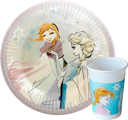 CUCUBA Set Stoviglie 16 Piatti + 16 Bicchieri Tema Frozen Anna/Elsa per Festa Party Compleanno Anniversario