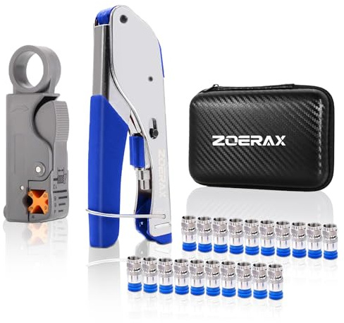 ZOERAX Coax Cable Crimper Kit for RG59 RG6, 3-in-1 Coaxial Tool Set, Includes Stripper & 20PCS F Connectors, Compatible with RG11/RG7, for Satellite TV, Home Theater & Network Cabling