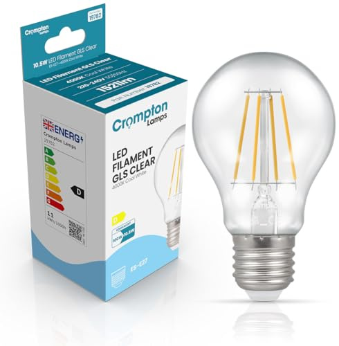 Crompton Lamps Filament GLS LED Light Bulb ES-E27 | 10.5W = 100W Equivalent | Cool White 4000K | Energy Efficient | Edison Screw Lightbulb | Long Life 15,000-Hrs | Clear Glass