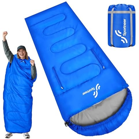 Sportneer Schlafsack Outdoor, Deckenschlafsack 220 x 85 cm | Schlafsack Erwachsene 3 Jahreszeiten mit Armöffnungen, Warmer Schlafsack für Camping, Reisen und Outdoor-Aktivitäten