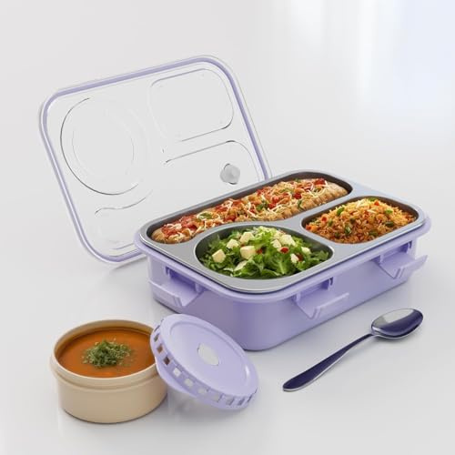MEDALLIX Lonchera de 3 compartimentos para niños y adultos, de acero inoxidable, sin BPA, a prueba de fugas, para escuela, oficina, universidad, viajes y transporte diario (morado)