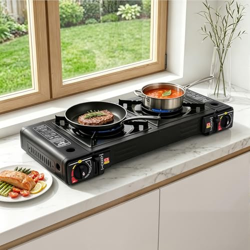 FENGLY 2-Brenner Gasgrill, 2 Flammig Gaskocher, Tragbarer Doppelbrenner BBQ Grill, Tischgasgrill Mit Überdruck-Sicherheitsventil, Camping Gas Kocher für Garten, Outdoor Kocher für Butan oder LPG