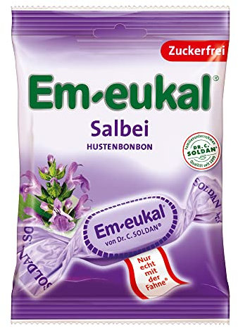 Em-eukal Salbei Hustenbonbon zuckerfrei 75g – Aromatisch und kräuterig-frisch mit feinem Salbeiextrakt und hochwertigen ätherischen Ölen – Mit Vitamin C (1 x 75g)