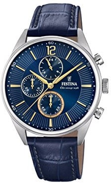 Festina Uhr Für Herren F20286/3 Timeless Chronograph Silber Edelstahl Case BlauLeder Band