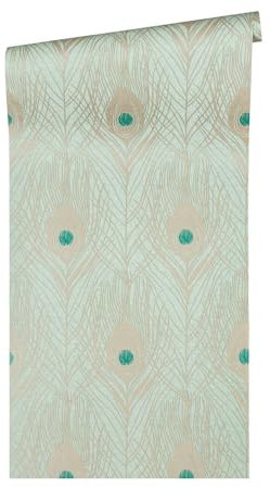 A.S. Création Architects Paper Vliestapete Absolutely Chic Tapete mit Pfauen Feder 10,05 m x 0,53 m metallic blau grün Made in Germany 369713 36971-3