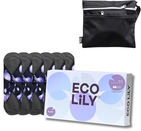 Eco Lily 6 Pack Slipeinlagen Waschbar Damenbinden mit Bambuskohle | Wiederverwendbare, wasserdichte, saugfähige Menstruationspads | Leichte Perioden | Bonus Aufbewahrungstasche