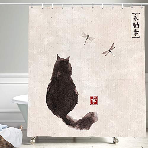 Duschvorhang im asiatischen Stil, traditionell japanische Tinte gemälde, schwarze flauschige Katze beobachtet über Libellen auf Vintage Stoff Duschvorhang für Badezimmer, 180 x 180cm