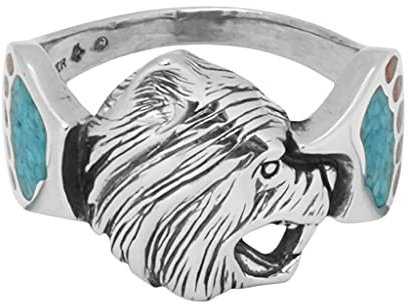 Indianerschmuck Ring Grizzly Bär Türkis Koralle Westernschmuck Chip Inlay Navajo Style (925 Sterling Silber, 66 (21.0))