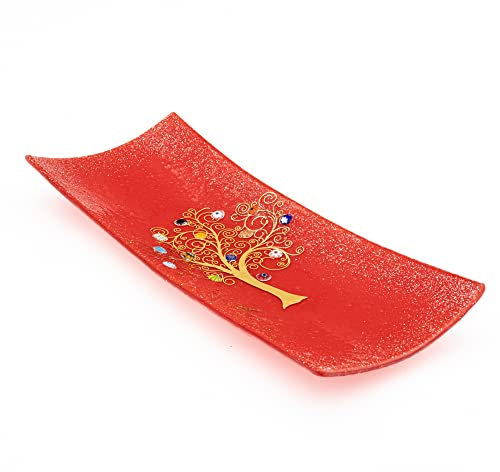 SOSPIRI VENEZIA Videpoche Plat Ornement Arbre de Vie Verre Murano Décoré Murrines et Feuille Or Idée Cadeau Fabriqué à la Main Made in Italy (30x13)