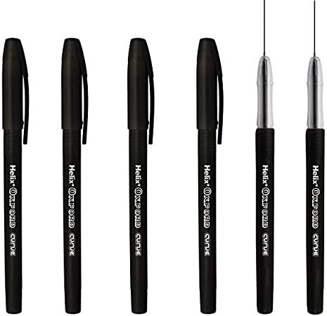 Helix Oxford Curve Ballpoint Pen - 1.0mm Needle Point Nib - Black Ink - Pack of 6