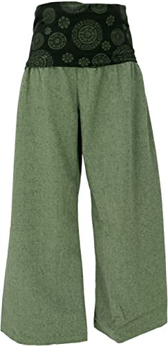 GURU SHOP Weite Marlenehose, Wellnesshose, Yogahose, Boho Hose mit Breitem Bund - Grün, Damen, Baumwolle, Size:M