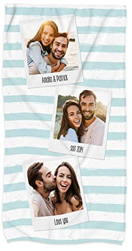 Herz & Heim® Strand-Handtuch mit eigenen Foto gestalten/großes Badetuch 100 x 180 cm (B/H) 3 Fotos