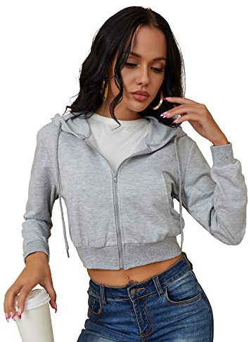 Women's Zip Up Hoodies Cropped Cardigan Jacket Drawstring Hooded Sweatshirts Casual Long Sleeve Top…, Grey, Medium