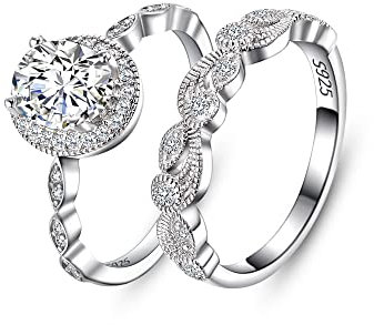 EVER FAITH Verlobungsring Set 925 Sterlingsilber funkelnd Weiß Oval Rund Cubic Zirkonia Blatt Brautversprechen Bandringe Ring Schmuck für die Braut Größe 6