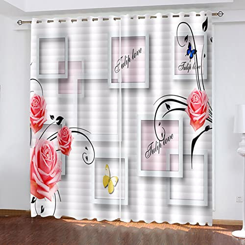 AMDXD Rideau de Chambre Rose, - Cortina de bayeta con diseño de mariposas y rosas (poliéster, 214 x 183 cm)