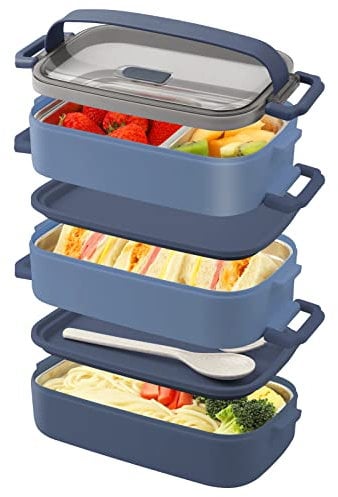 OITUGG Lunch Box 3 Couches - Bento Lunch Box 2200ml - Lunchbox avec 3 pc Acier Inoxydable Intérieur - Boite Bento avec Couverts - Lunch Box Adulte, Micro Ondable, Sans BPA, 19.5x11.2x15cm, Bleu