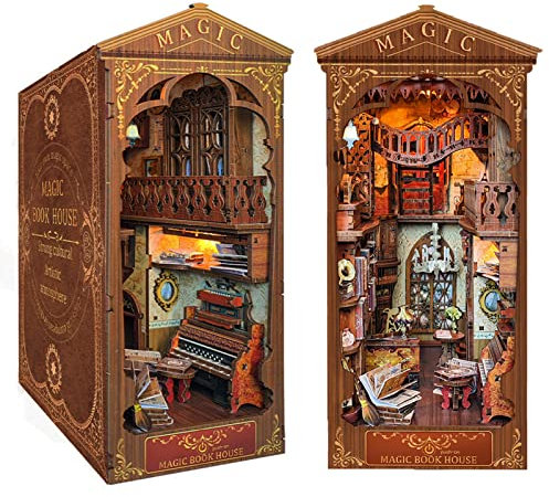 Spilay Puppenhaus-Miniatur-Bücher-Set, 3D-Holzpuzzle, Bücherregal-Einsatz, Dekor mit Licht, Buchstützen, Modellbau, Kreativitätsset für Erwachsene und Frauen, Geburtstagsgeschenk (SQ06)