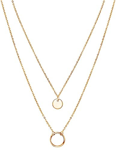day.berlin Damen Halskette Circle in Gold 18k vergoldet, Layering Kette 42cm & 50cm Länge + 5cm, variable Länge mit Ring und Coin Anhänger, 316L Edelstahl nickelfrei und wasserfest