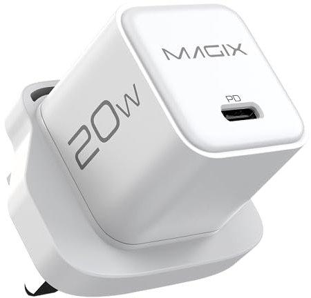 Magix USB C Plug 20w NANO, USB-C GaN Charger PD Power Delivery, for iPhone 15/15 Plus/15 Pro, 14/13/12-Mini/Pro/Pro Max/SE, AirPods Pro, iPad Pro, Galaxy(UK PLUG)(WHITE)