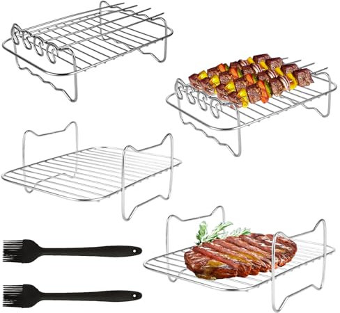 SHUESS Air Fryer Rack 14-Piece Set - 2 Double Layer Carbon Steel Air Fryer Grill Rack with 8 Skewers, 2 Oil Brush - Dual Zone Air Fryer Rack, Compatible with Ninja Dual Air Fryer AF300UK, AF400UK