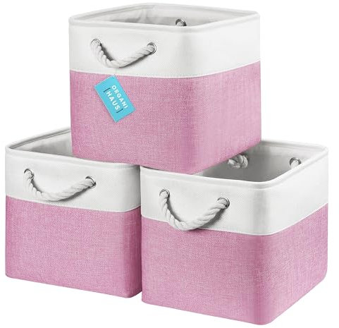 OrganiHaus 28x28 Fabric Cube Baskets Set of 3, Foldable Storage Cubes for Kallax Organizer, Cubby Bins for Nursery Decor - Pink/White
