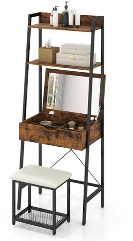 Multigot Dressing Table and Stool Set, Ladder Vanity Desk with Flip Top Mirror, 2 Ladder Shelves and 4 Hidden Storage Compartments, Makeup Desk Cosmetics Dresser (Rustic Brown+Black)