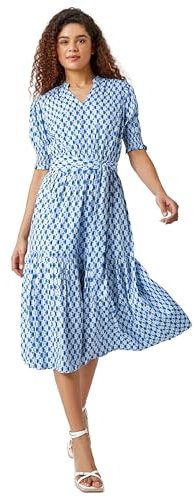Roman Shirt Dress for Women UK Ladies Short Sleeve Sleeveless Belted Collared Midi Maxi Summer Spring Smart Casual Button Evening Office A Line Swing Skater - Multi Blue - Size 18