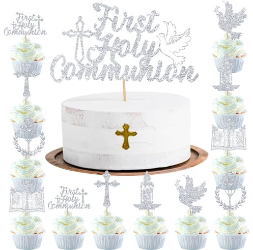 First Holy Communion Cake Topper God Bless Cake Topper Decorations Grail Cross Christening Baptism Confirmation 1st Communion Party Decor Christian Baptism Cake Topper