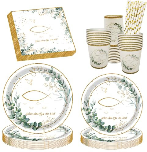 Geburtstags Partygeschirr Set Schön Dass Du Da Bist, Pappteller Hochzeit Geburtstag Eukalyptus, Geburtstag Party Geschirr,Salbeigrün Geburtstagsdeko Partyzubehör Pappteller für 25 Gäste