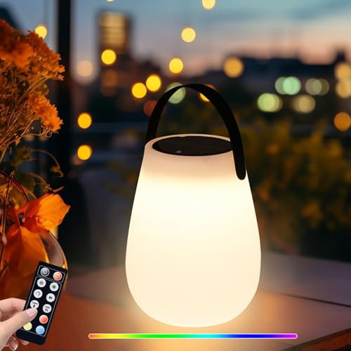 Solar Tischlampe Outdoor Solartischlampen für Außen,Led Tischleuchte Kabellos Akku Tischlampen mit Fernsteuerung,8 Farben Dimmbar Wasserdichte Outdoor Lampe für Terrasse Camping Balkon (Rund)