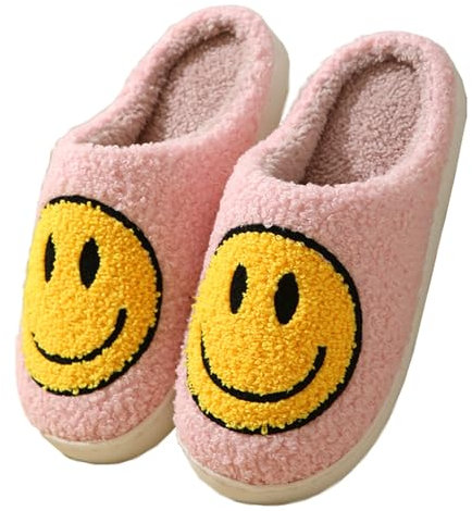 Meik Mangni Hausschuhe mit Fröhliches Gesicht Damen Herren Weicher Plüsch Hausschuhe Frauen Warme Pantoffeln,Rosa Obermaterial Gr.36-37 EU/Sohlengröße 38-39