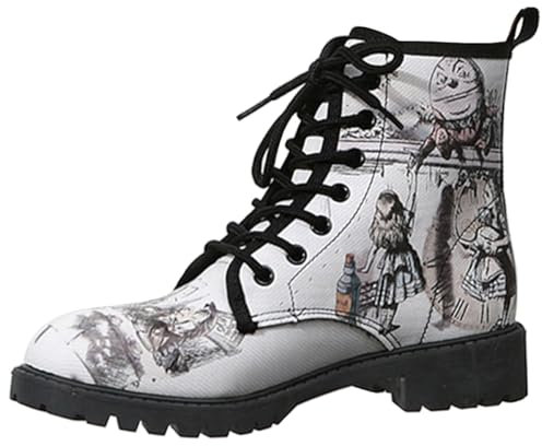 Stivali da donna Punta tonda Tacco largo Stivaletti con plateau gotico Stivali da combattimento da motociclista punk stringati Stivaletti corti in pelle con stampa multicolore