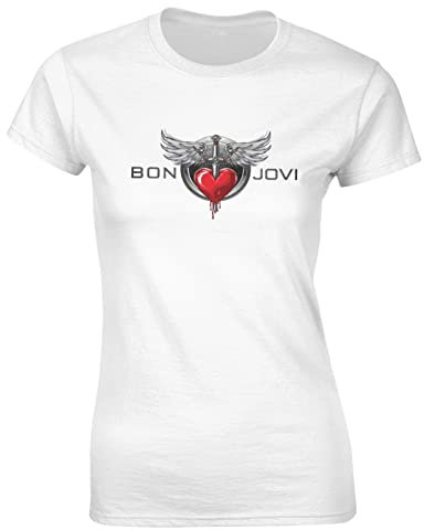 Bon Music Jovi Damen-T-Shirt, kurzärmelig, Rundhalsausschnitt, klassische Passform, lässig, Sport, dehnbar, Schwarz, weiß, M