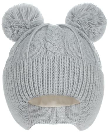 Creekstone Baby Beanie Hüte Kleinkind Bommelmütze, Warm, Weiche, mit Fleece Gefüttert, Kinder-Wintermütze für Baby, Mädchen, Jungen (DE/NL/SE/PL, Alter, 0 Monate, 6 Monate, Grau)