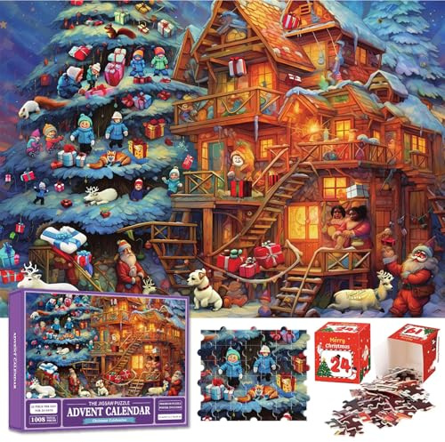 POPOYU Christmas Advent Calendar 2026 Jigsaw Puzzles Kids,27x19inch Xmas Advent Calendar Puzzles 1008 Pieces 24 Days Divided into 24 Boxes,Christmas Puzzles Countdown calendar for Adults Kids Gifts